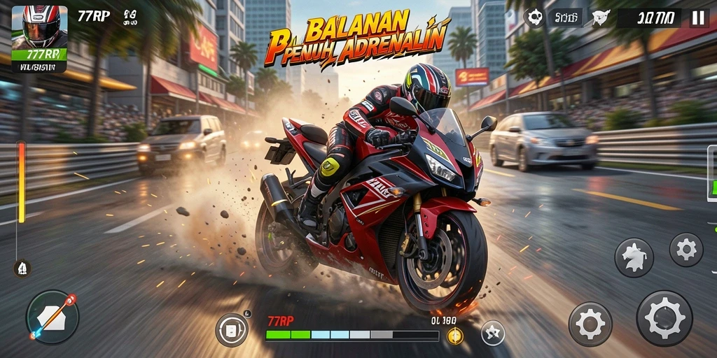 Gameplay seru dengan balapan motor yang mendebarkan.