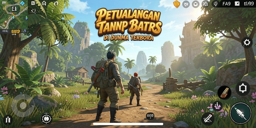 Screenshot gameplay FA99 memperlihatkan dunia terbuka yang luas dan fantastis.