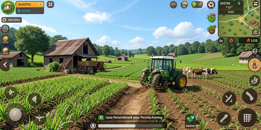 Tampilan screenshot gameplay GMSTAR yang menunjukkan aktivitas bertani.