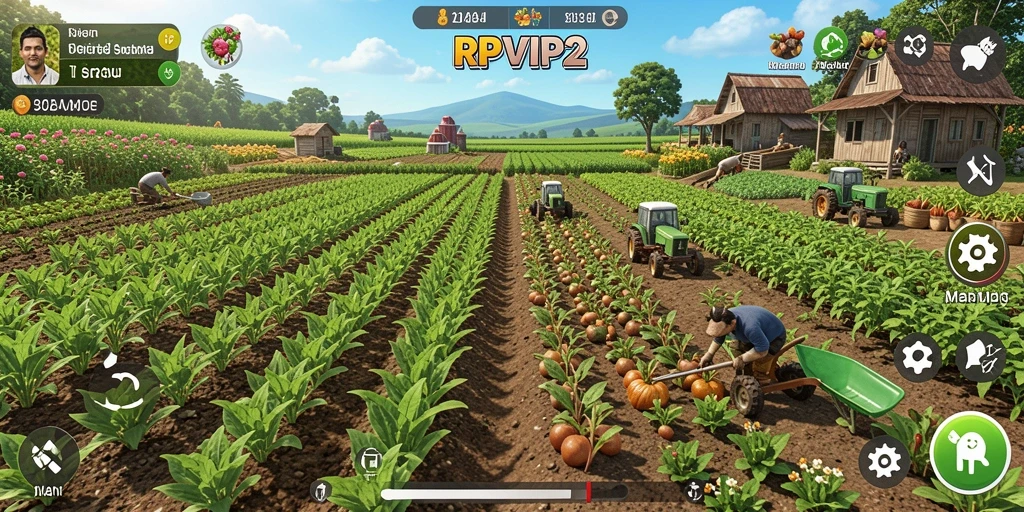 Tampilan gameplay RPVIP2 dengan aktivitas pertanian yang interaktif.