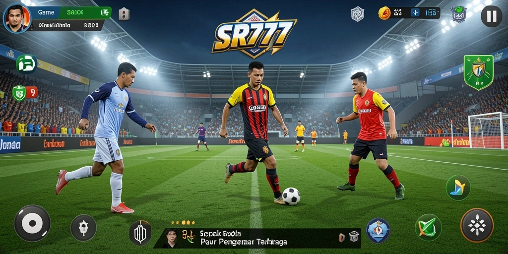 Screenshot utama SR777 menampilkan aksi gameplay kompetitif dalam sepak bola.