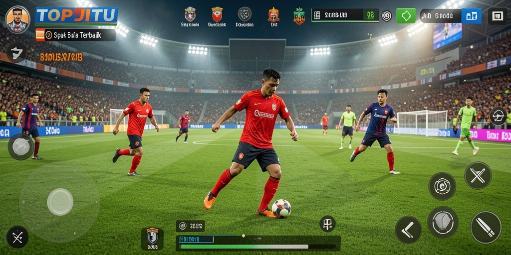 Screenshot game TOPJITU menampilkan aksi sepak bola yang seru.