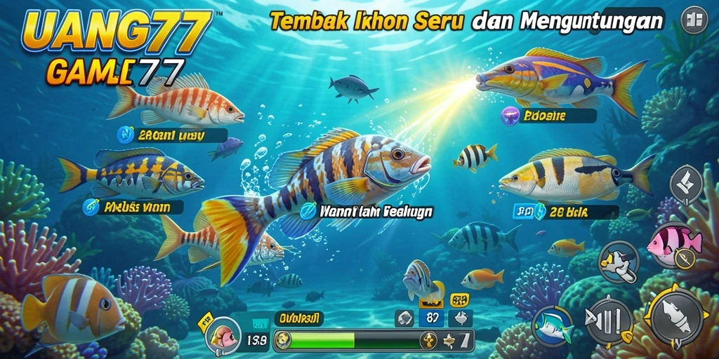 Screenshot gameplay UANG77 menampilkan aksi seru dalam menembak ikan.