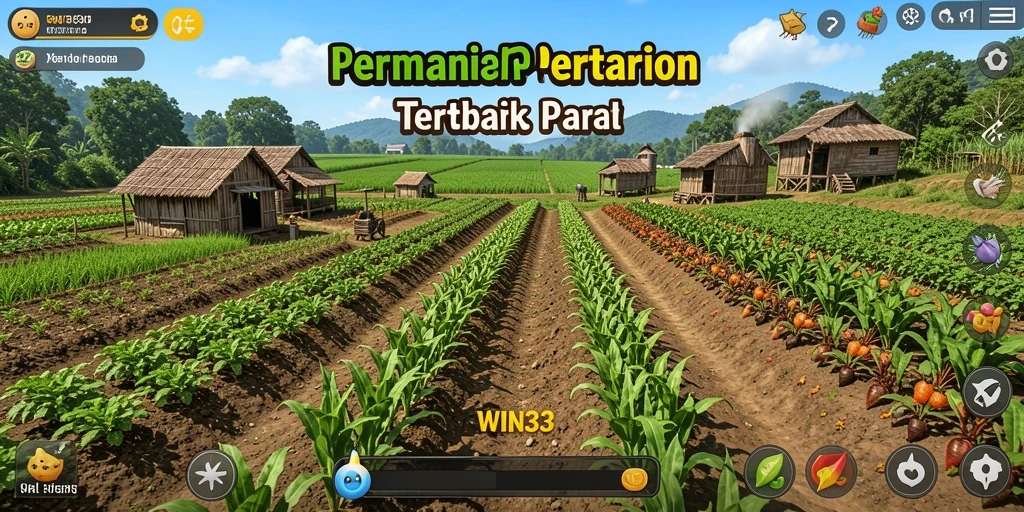 Tangkapan layar gameplay WIN33 menampilkan petani yang sukses dengan ladang hijau.